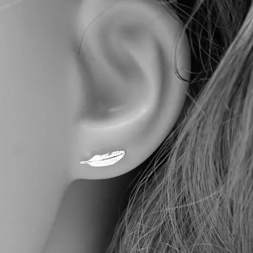 Sterling Silver 925 Feather  Stud Earrings - Picture 2 of 4